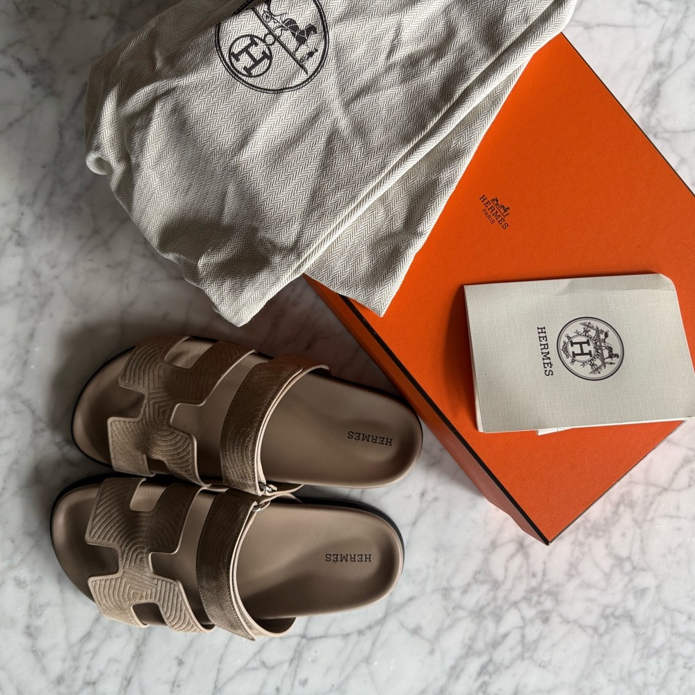 Hermès beige suede Chypre Sandals with Dust Bag and Box